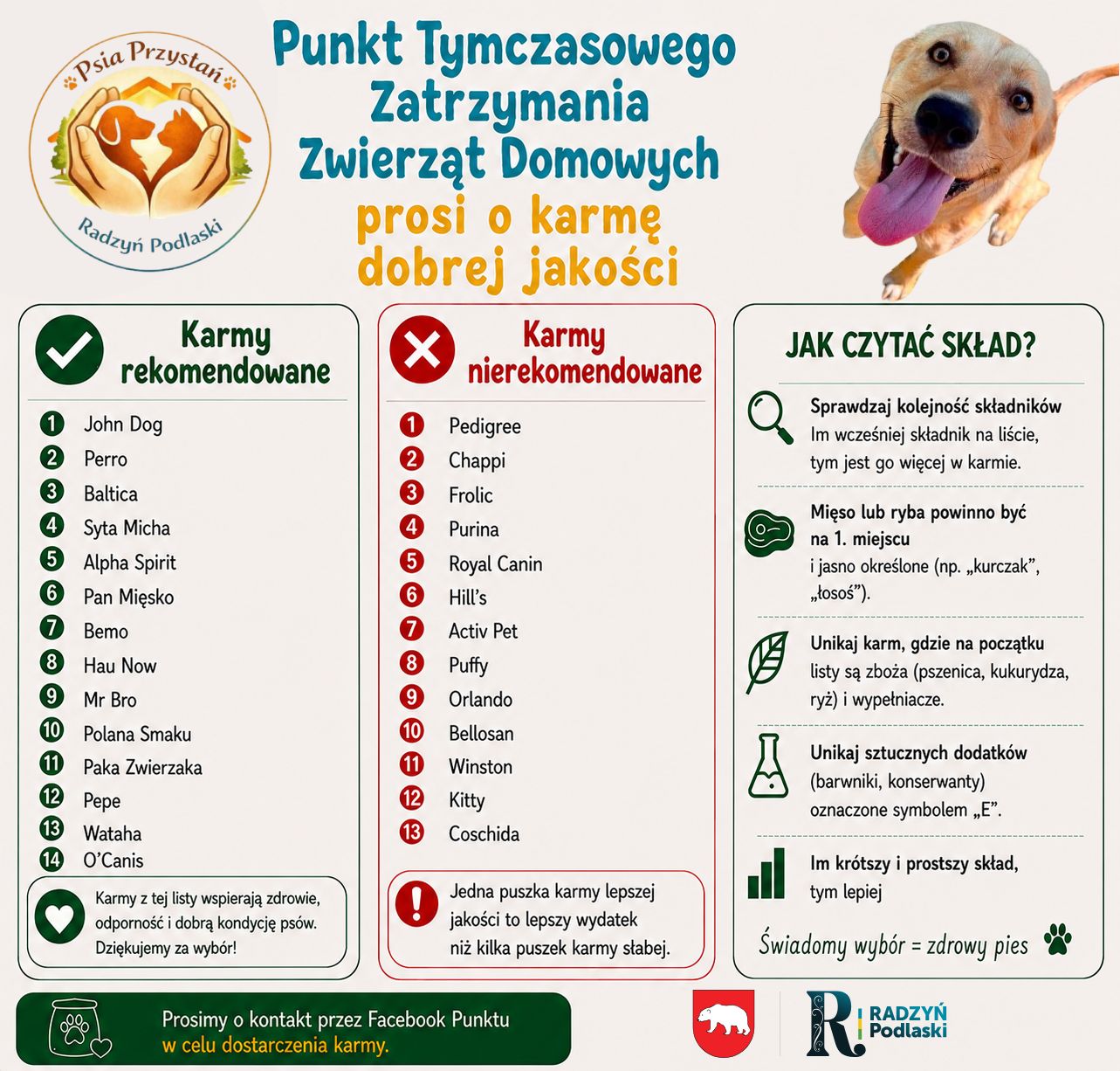 Punkt Tymczasowego Zatrzymania Zwierząt Domowych w Radzyniu Podlaskim prosi o karmę dobrej jakości