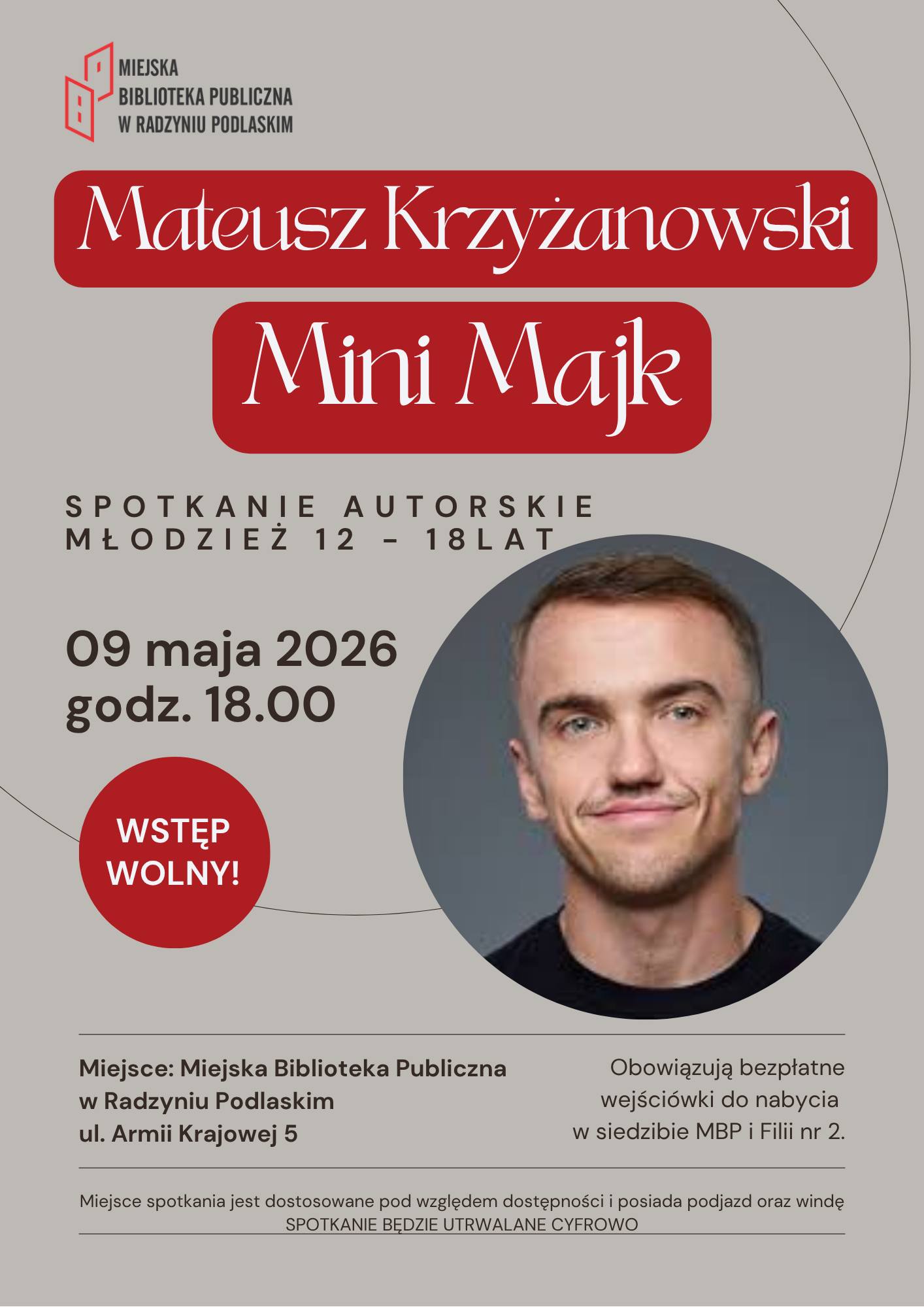 Plakat z zaproszeniem na spotkanie autorskie z Mini Majkiem 9 maja