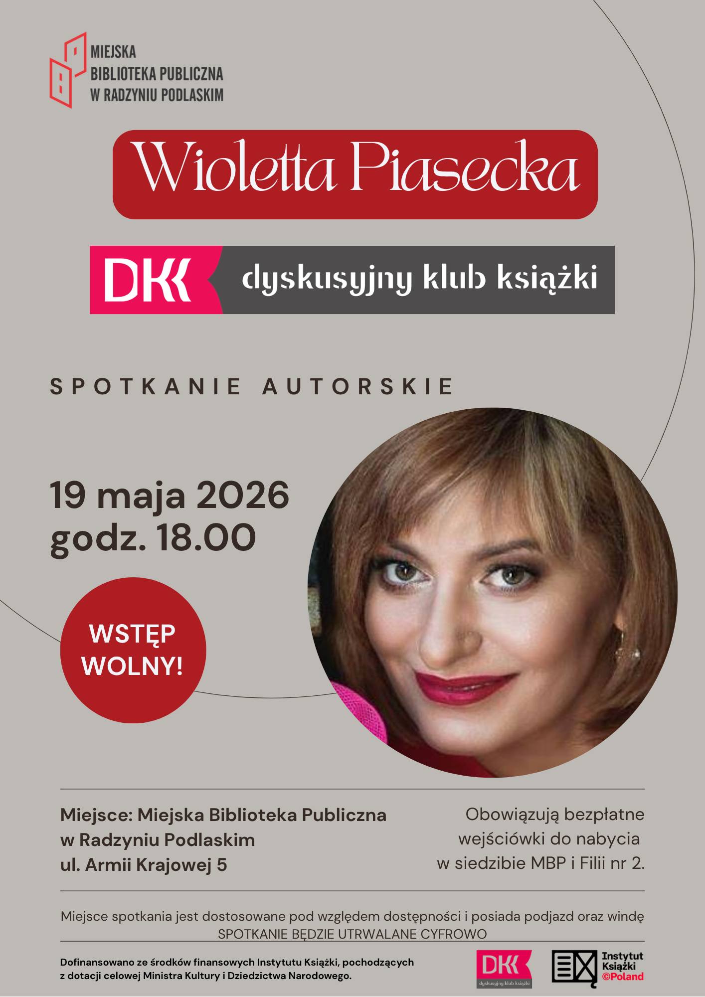 Plakat z zaproszeniem na spotkanie autorskie z Wiolettą Piasecką 19 maja